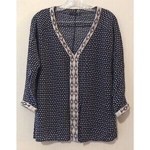Thml Women’s‎ Blue Print W/Embroidered Trim Boho Blouse 100% Rayon Size Med NEW